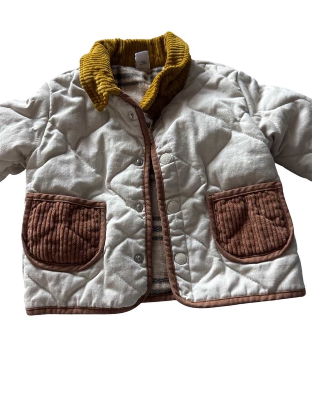 Old Navy Cream Quilted Puffer Jacket with Brown Pockets and Mustard Collar